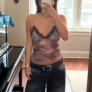 Handmade Leopard Print Brown Lace Trim Cami Top